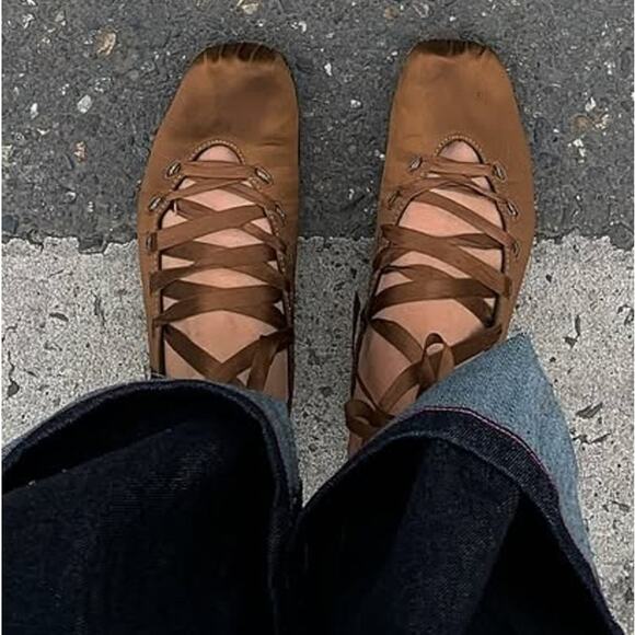 ZARA Lace Up Ballet Flats NWT Ochre Brown Satin Effect Size 7.5 - Picture 5 of 16